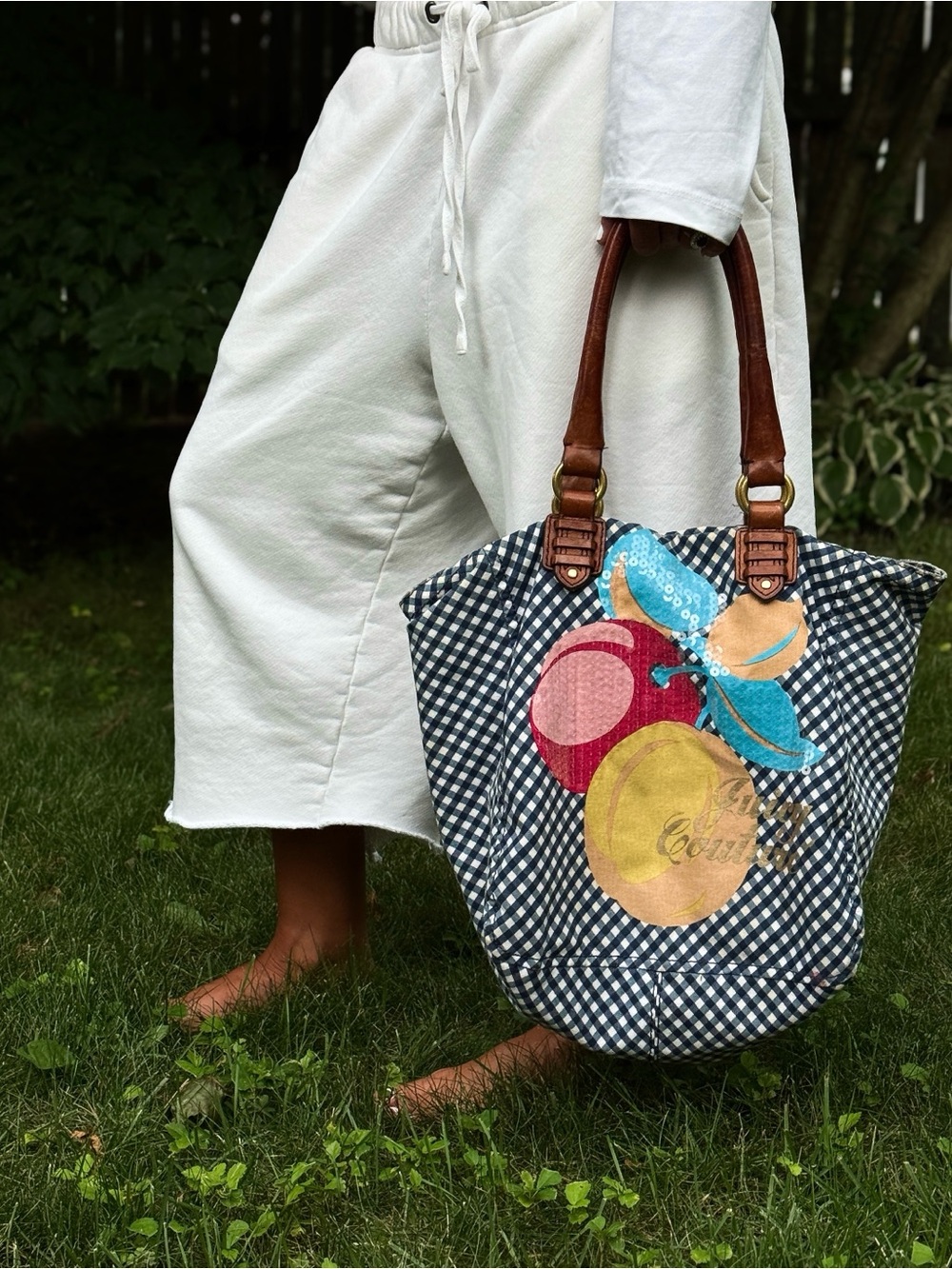 Y2K Juicy Couture Navy & White Gingham Tote Bag with Brown Leather Handles